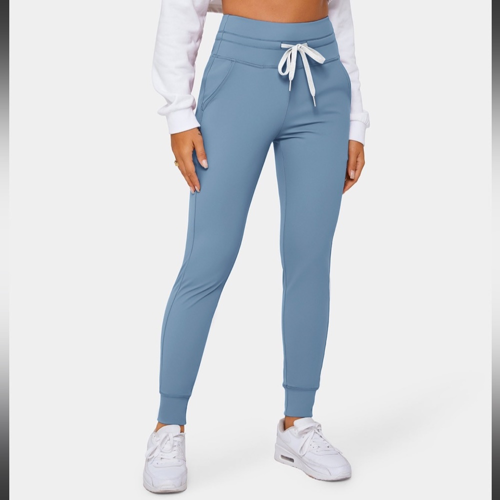 High Waisted Drawstring Side Pocket Plain Cool Touch Full Length Joggers
